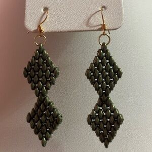 Hand crafted earrings fern /green super duo beads 14k gold filled earwires